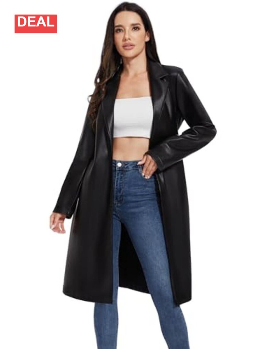 Faux Leather Trench Coat Long Belted Double Breasted Fitted